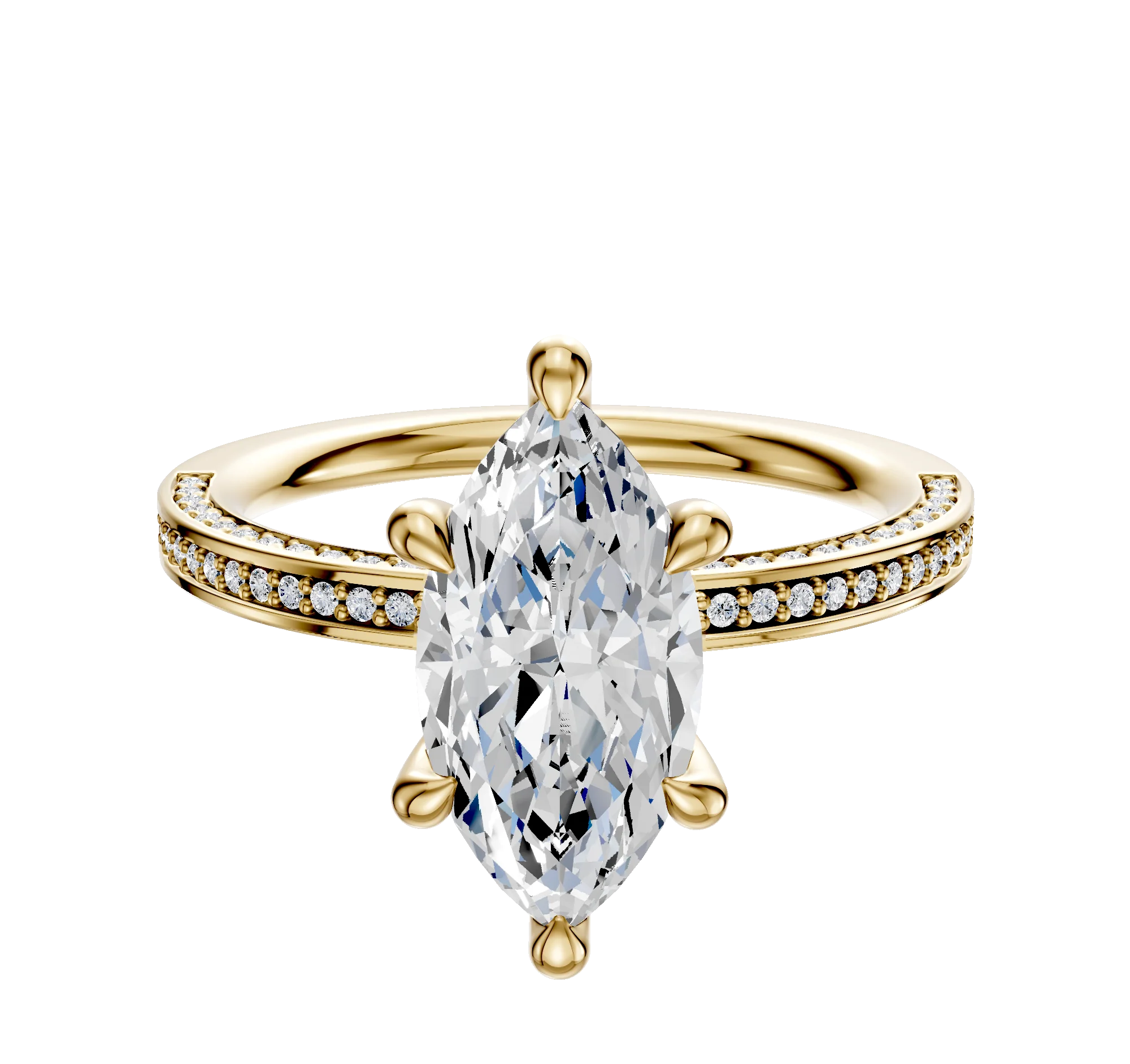 18K Yellow Gold 6 Prong Hidden Halo Classic Flat 3-Row-Pave 2.0mm Engagement Ring