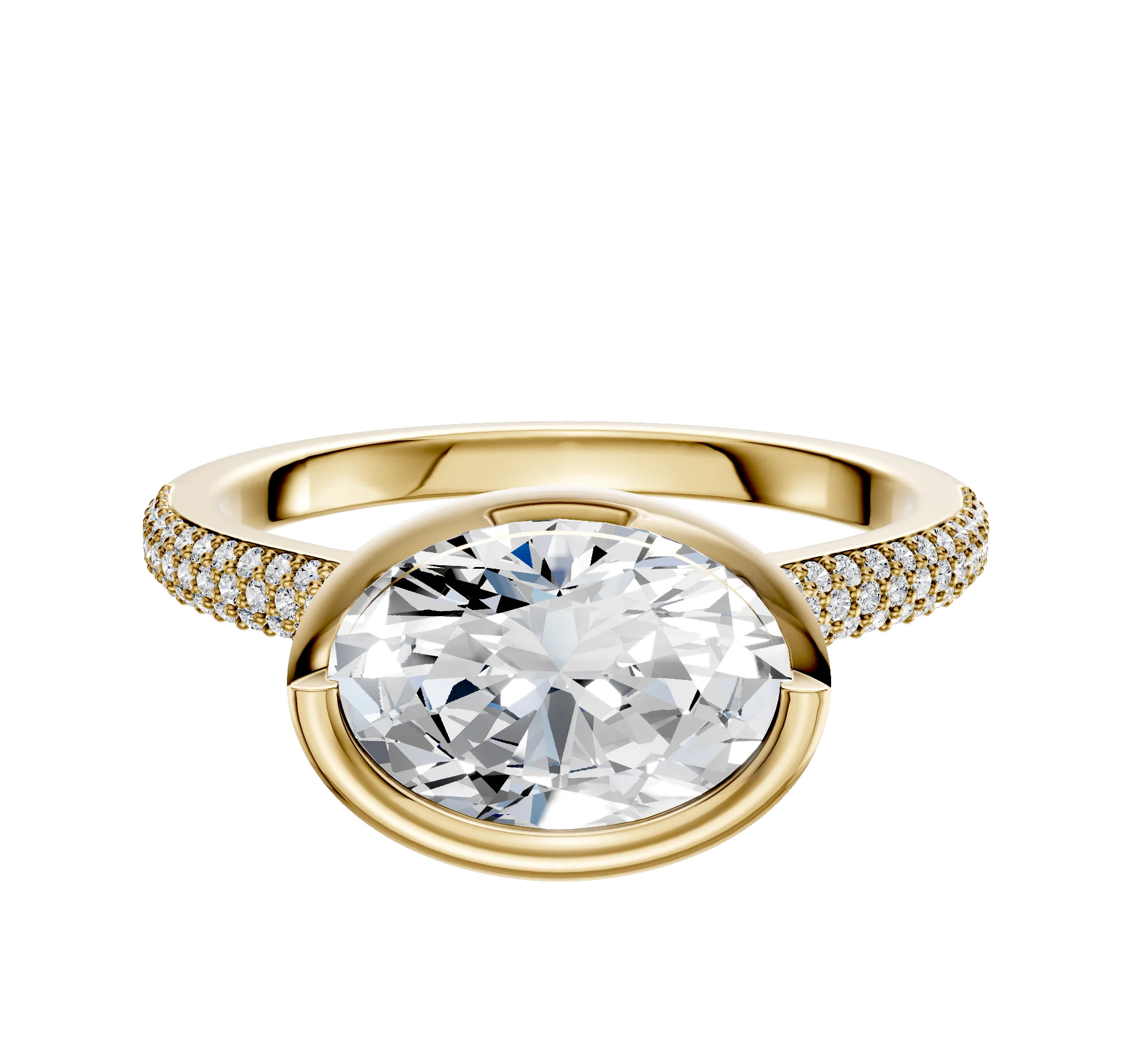 18K Yellow Gold Bezel Full Bezel East/West Cathedral Dome 3-Row-Pave 2.0mm Engagement Ring