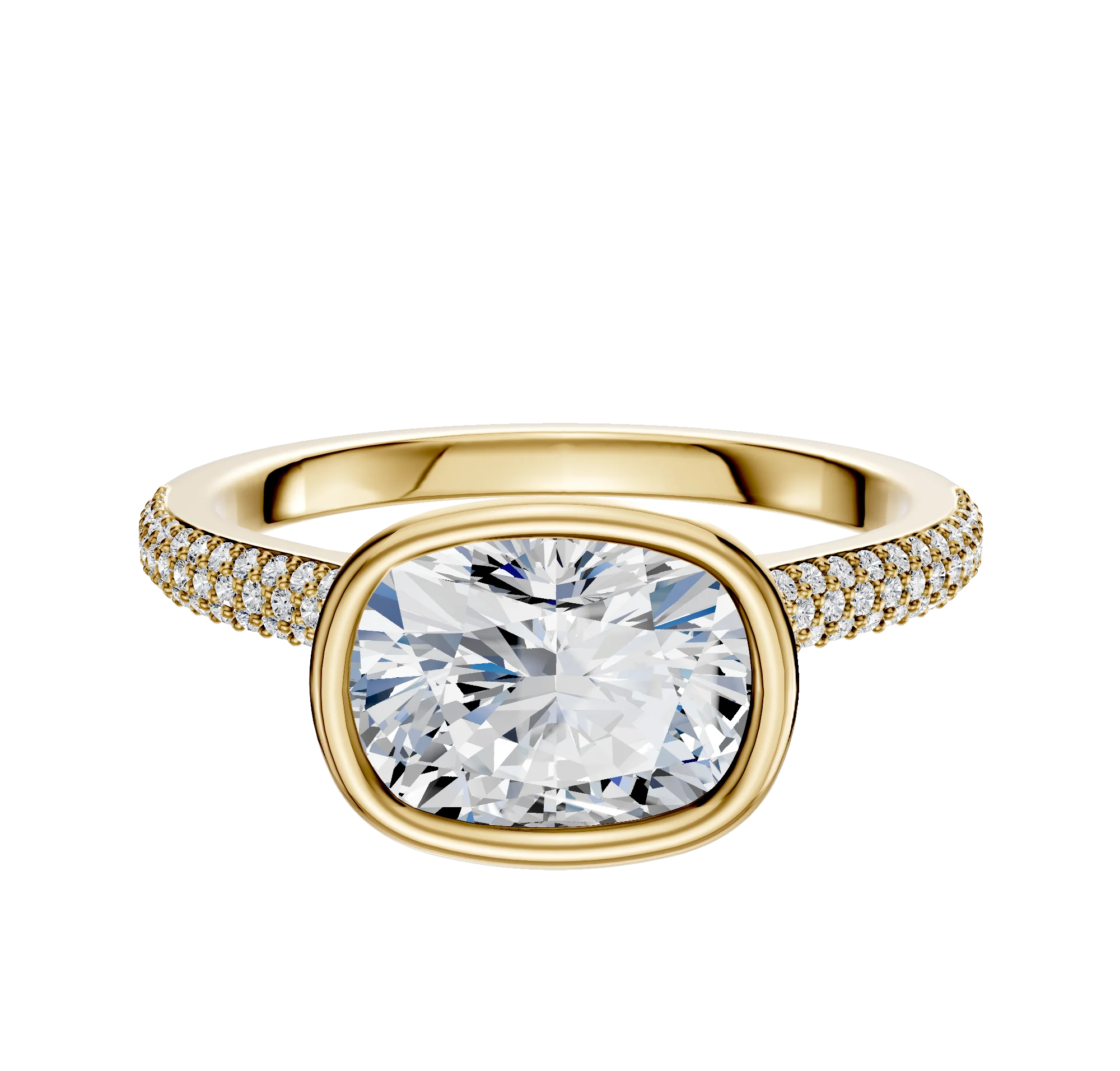 18K Yellow Gold Bezel Full Bezel East/West Cathedral Dome 3-Row-Pave 2.0mm Engagement Ring