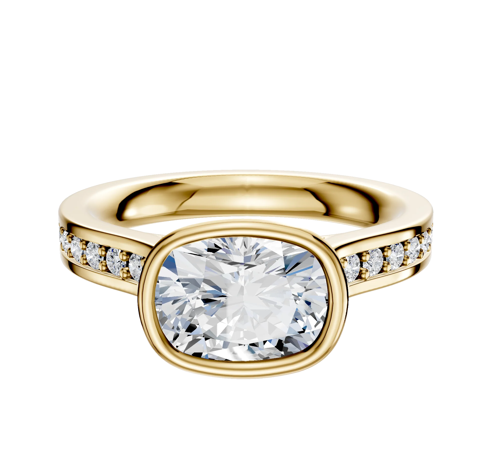 18K Yellow Gold Bezel Full Bezel East/West Cathedral Flat 1-Row-Pave 2.5mm Engagement Ring
