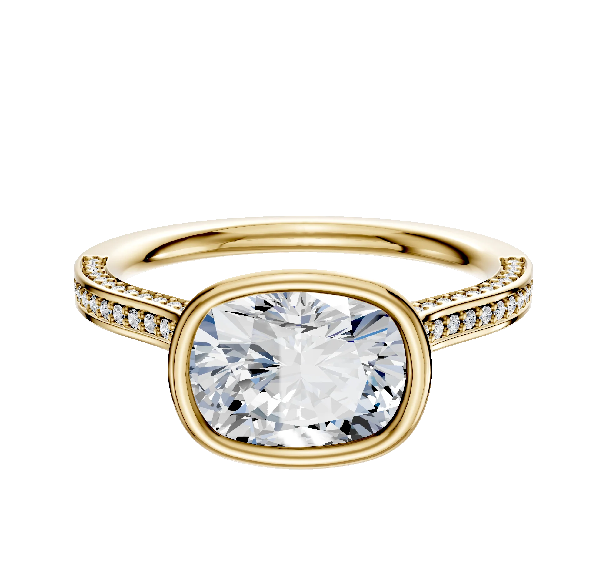 18K Yellow Gold Bezel Full Bezel East/West Cathedral Flat 3-Row-Pave 2.0mm Engagement Ring