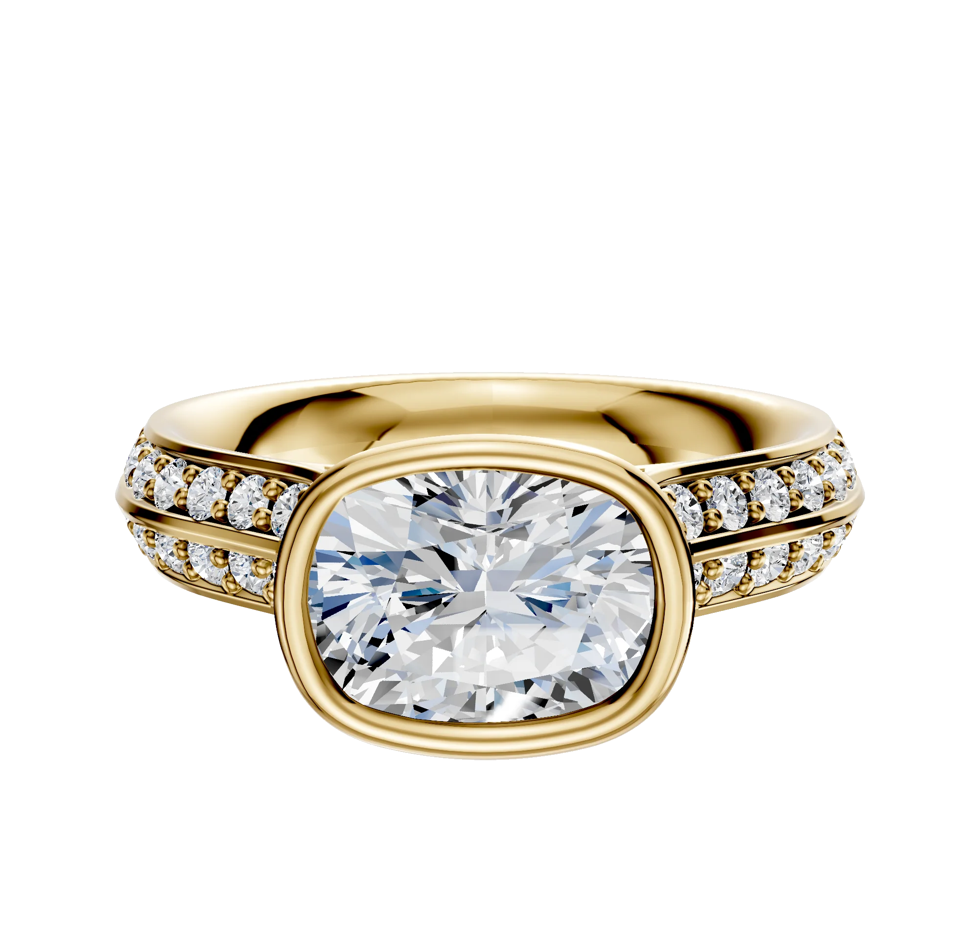 18K Yellow Gold Bezel Full Bezel East/West Cathedral Knife Edge 1-Row-Pave 2.5mm Engagement Ring