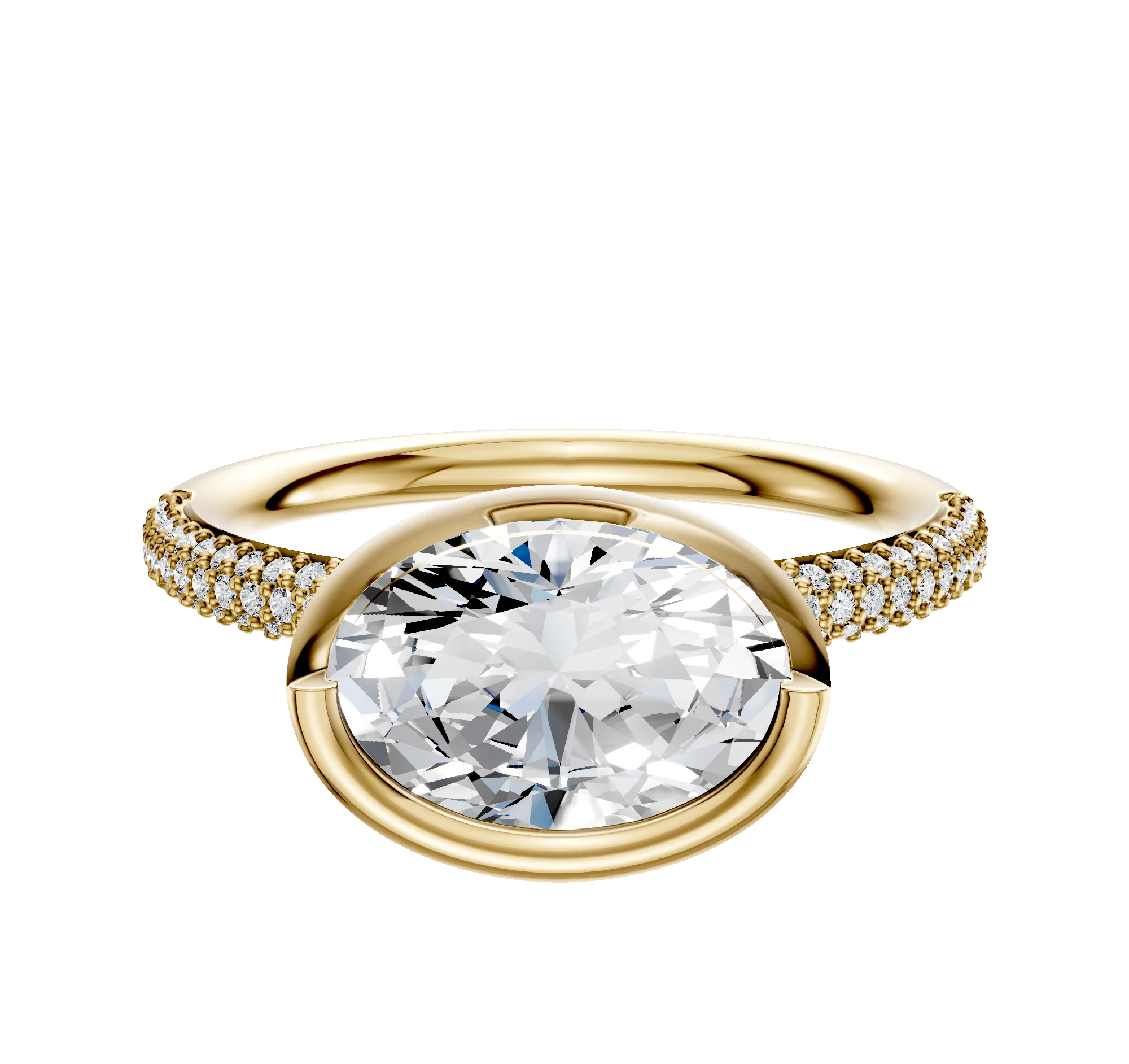18K Yellow Gold Bezel Full Bezel East/West Classic Dome 3-Row-Pave 2.0mm Engagement Ring