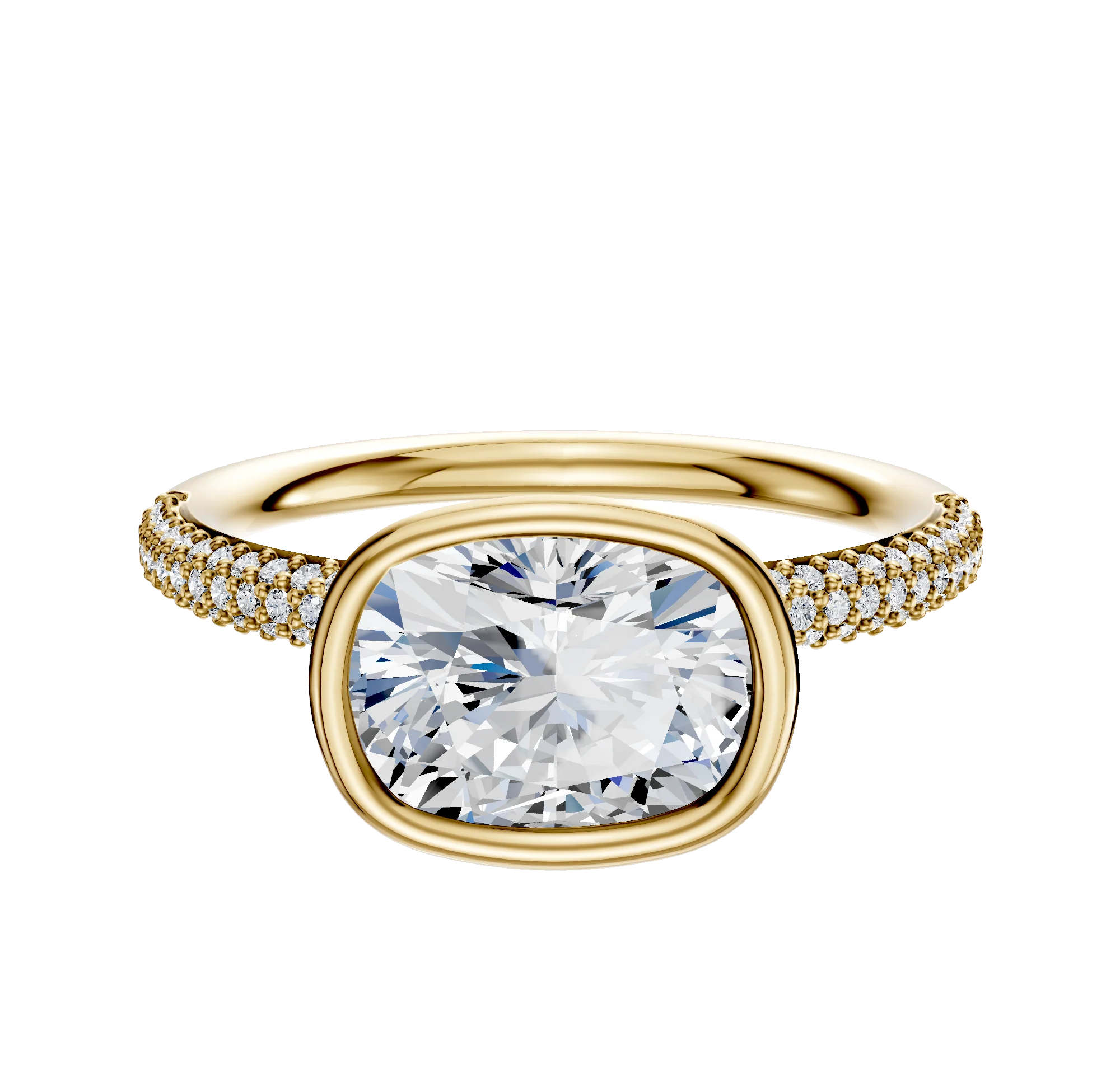 18K Yellow Gold Bezel Full Bezel East/West Classic Dome 3-Row-Pave 2.0mm Engagement Ring
