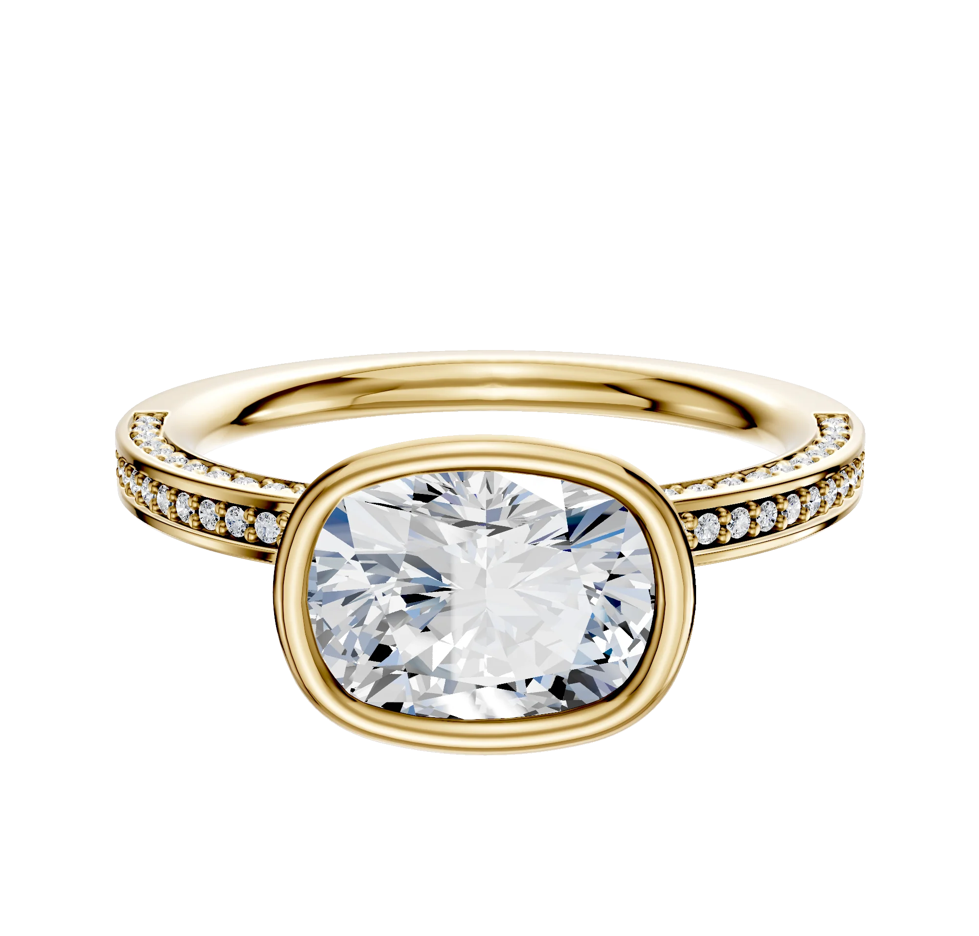 18K Yellow Gold Bezel Full Bezel East/West Classic Flat 3-Row-Pave 2.0mm Engagement Ring