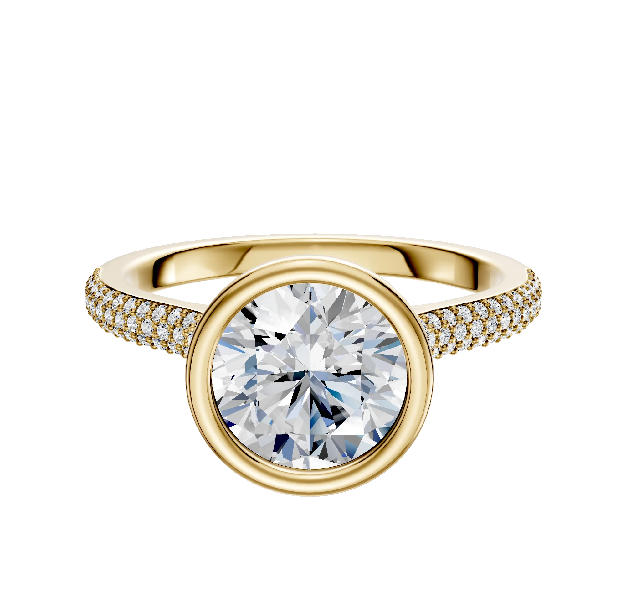 18K Yellow Gold Bezel Full Bezel North/South Cathedral Dome 3-Row-Pave 2.0mm Engagement Ring