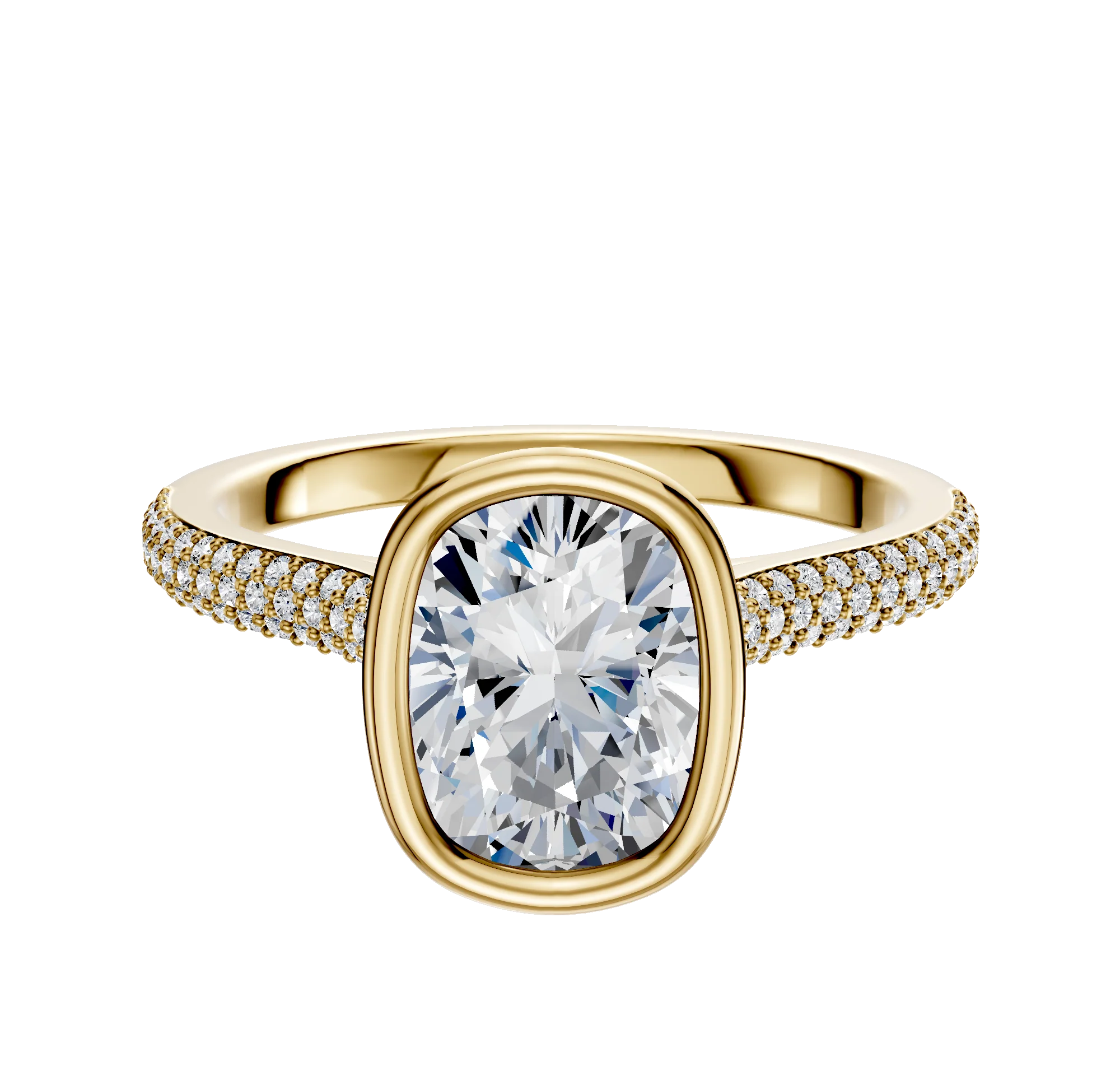 18K Yellow Gold Bezel Full Bezel North/South Cathedral Dome 3-Row-Pave 2.0mm Engagement Ring