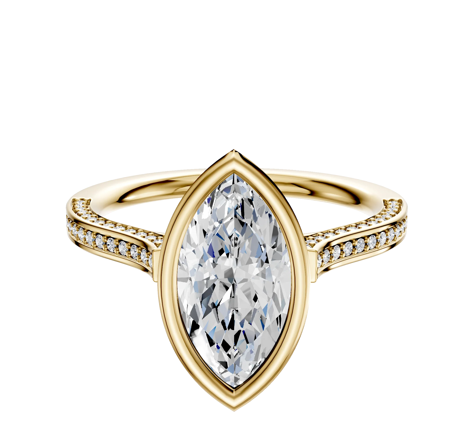 18K Yellow Gold Bezel Full Bezel North/South Cathedral Flat 3-Row-Pave 2.0mm Engagement Ring
