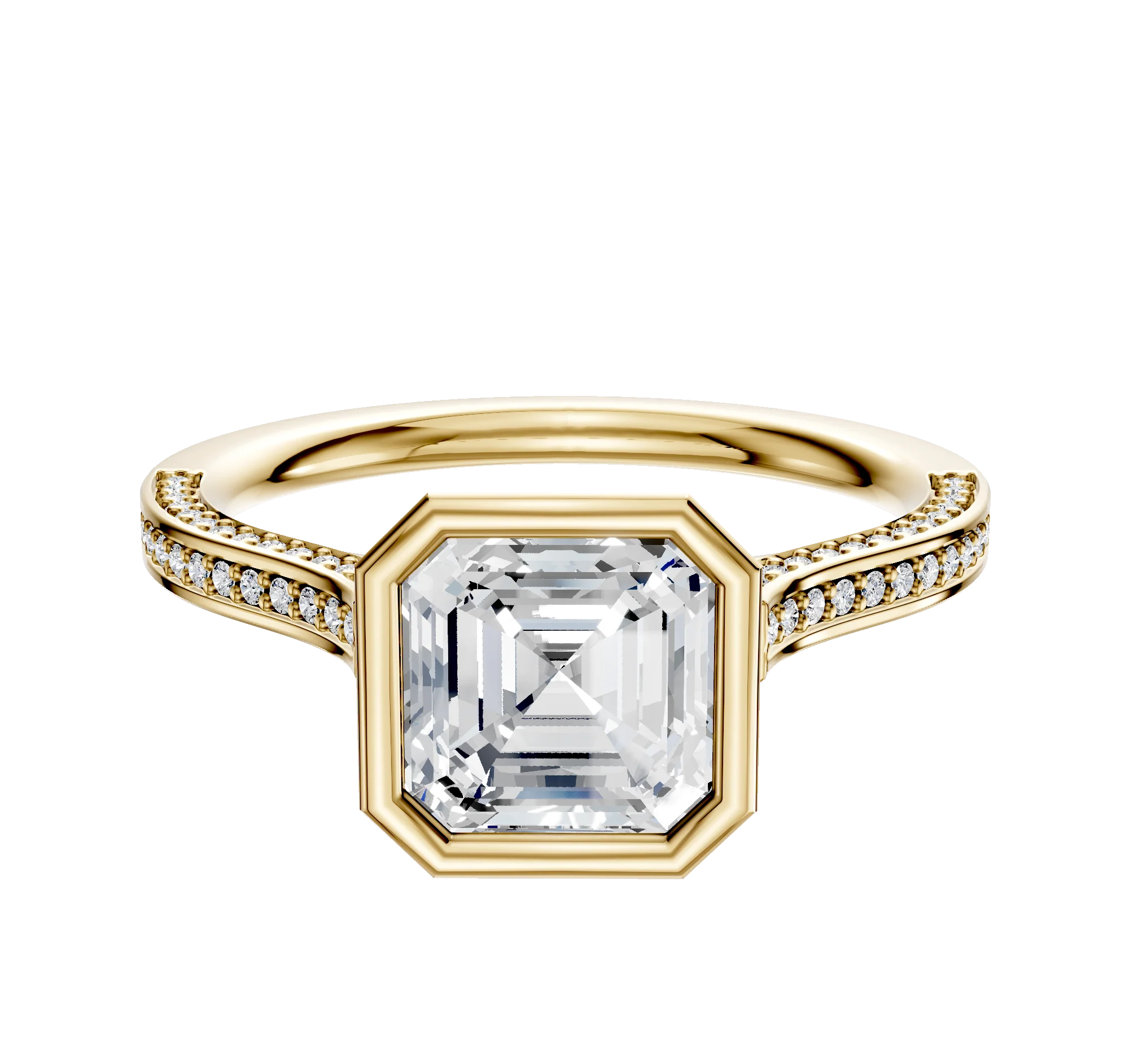 18K Yellow Gold Bezel Full Bezel North/South Cathedral Flat 3-Row-Pave 2.0mm Engagement Ring