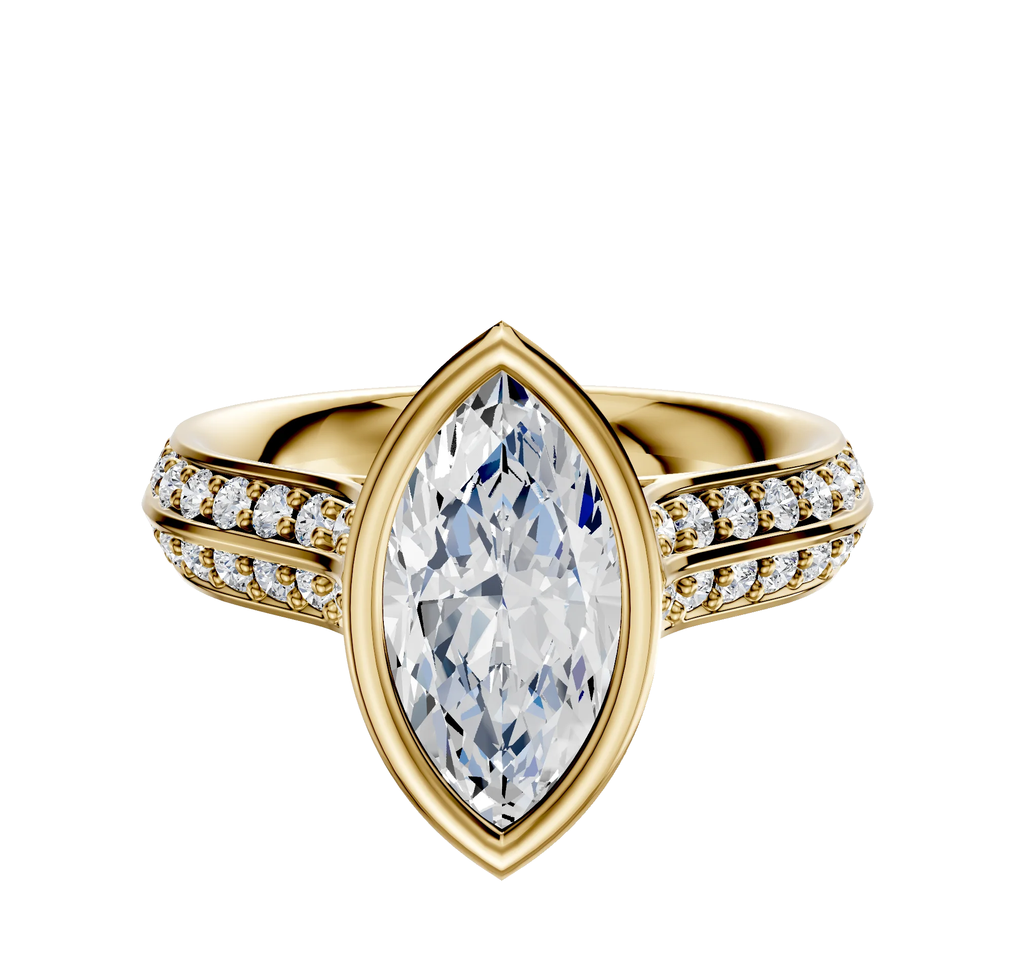 18K Yellow Gold Bezel Full Bezel North/South Cathedral Knife Edge 1-Row-Pave 2.5mm Engagement Ring