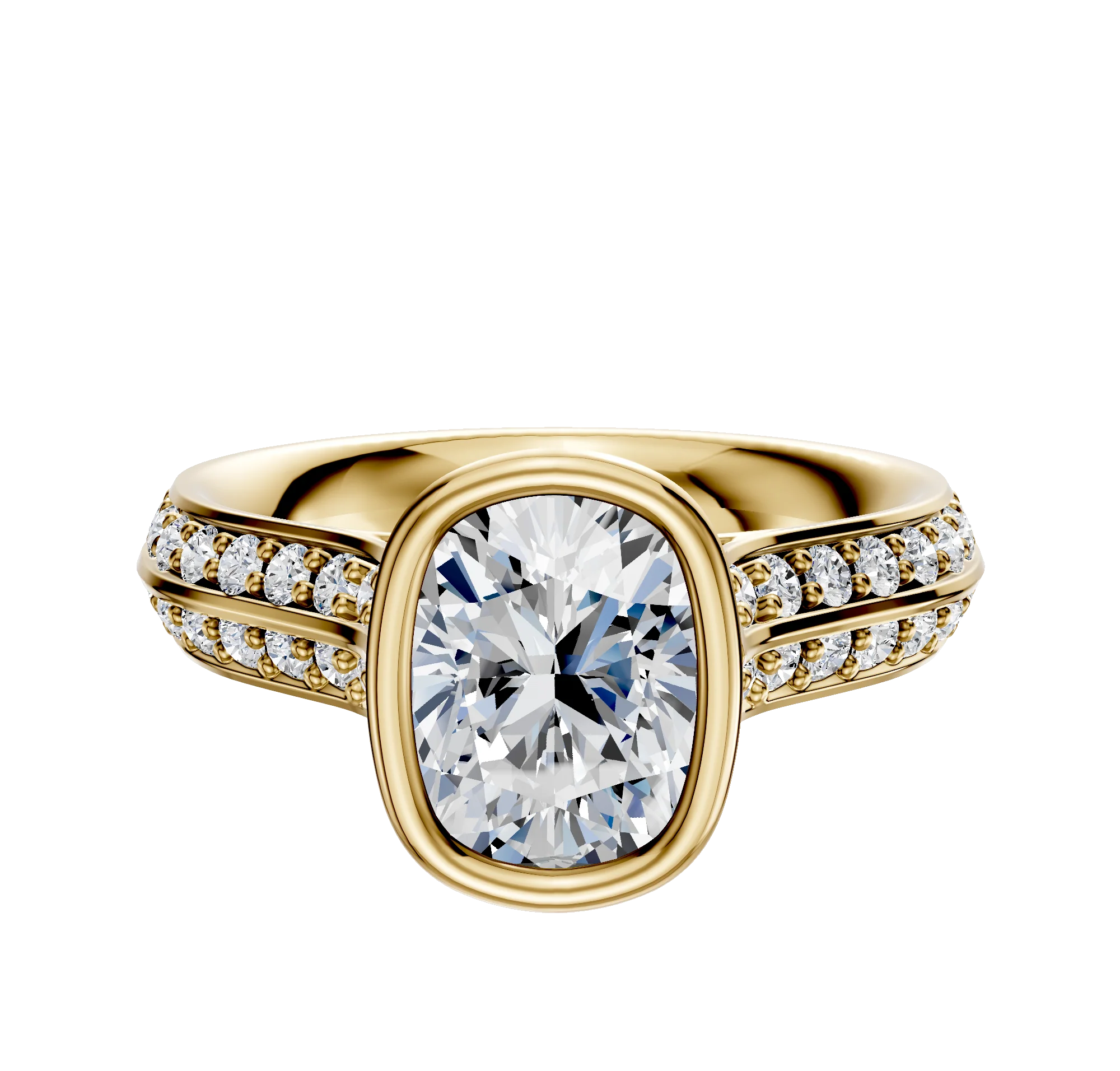 18K Yellow Gold Bezel Full Bezel North/South Cathedral Knife Edge 1-Row-Pave 2.5mm Engagement Ring