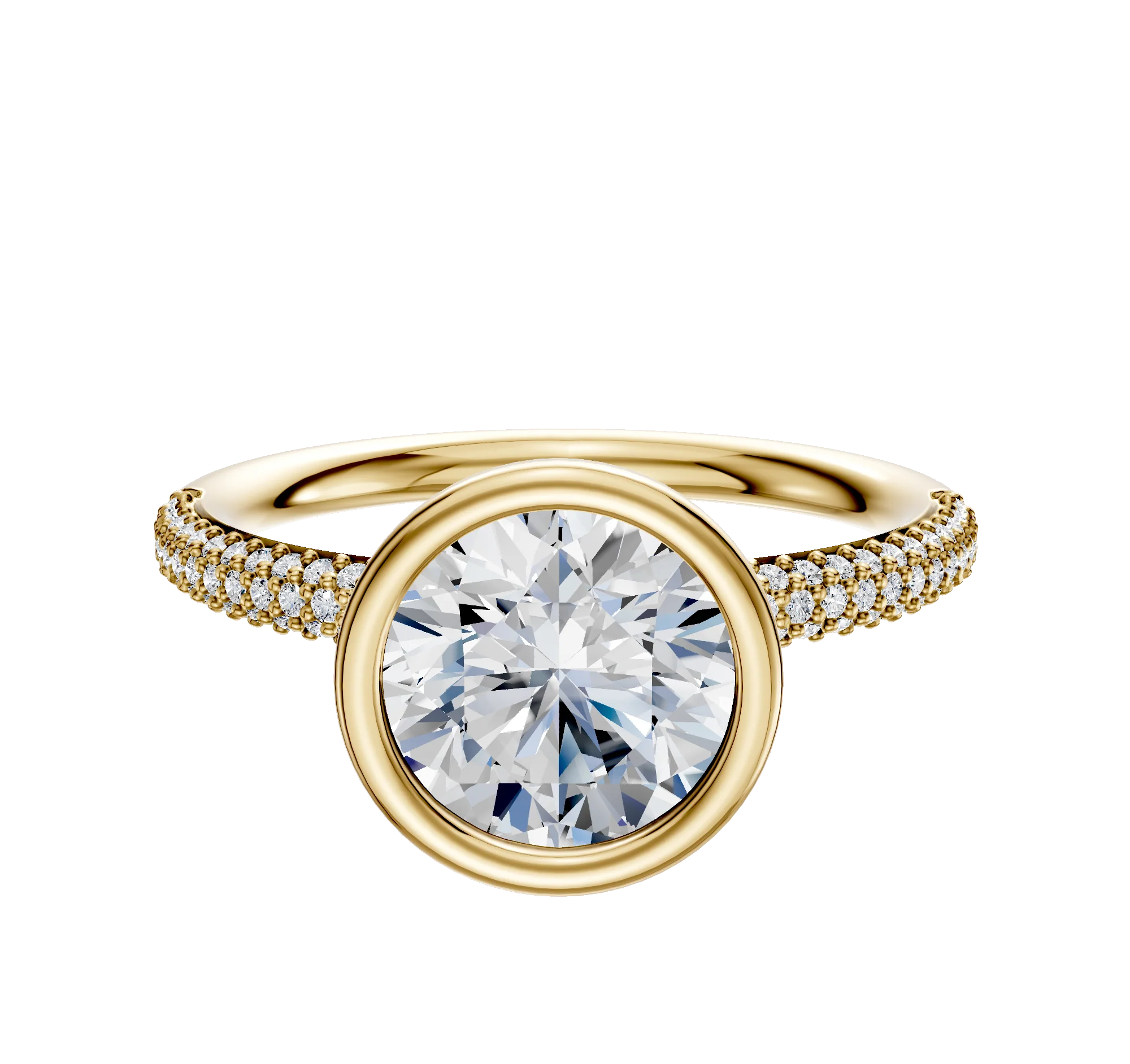 18K Yellow Gold Bezel Full Bezel North/South Classic Dome 3-Row-Pave 2.0mm Engagement Ring