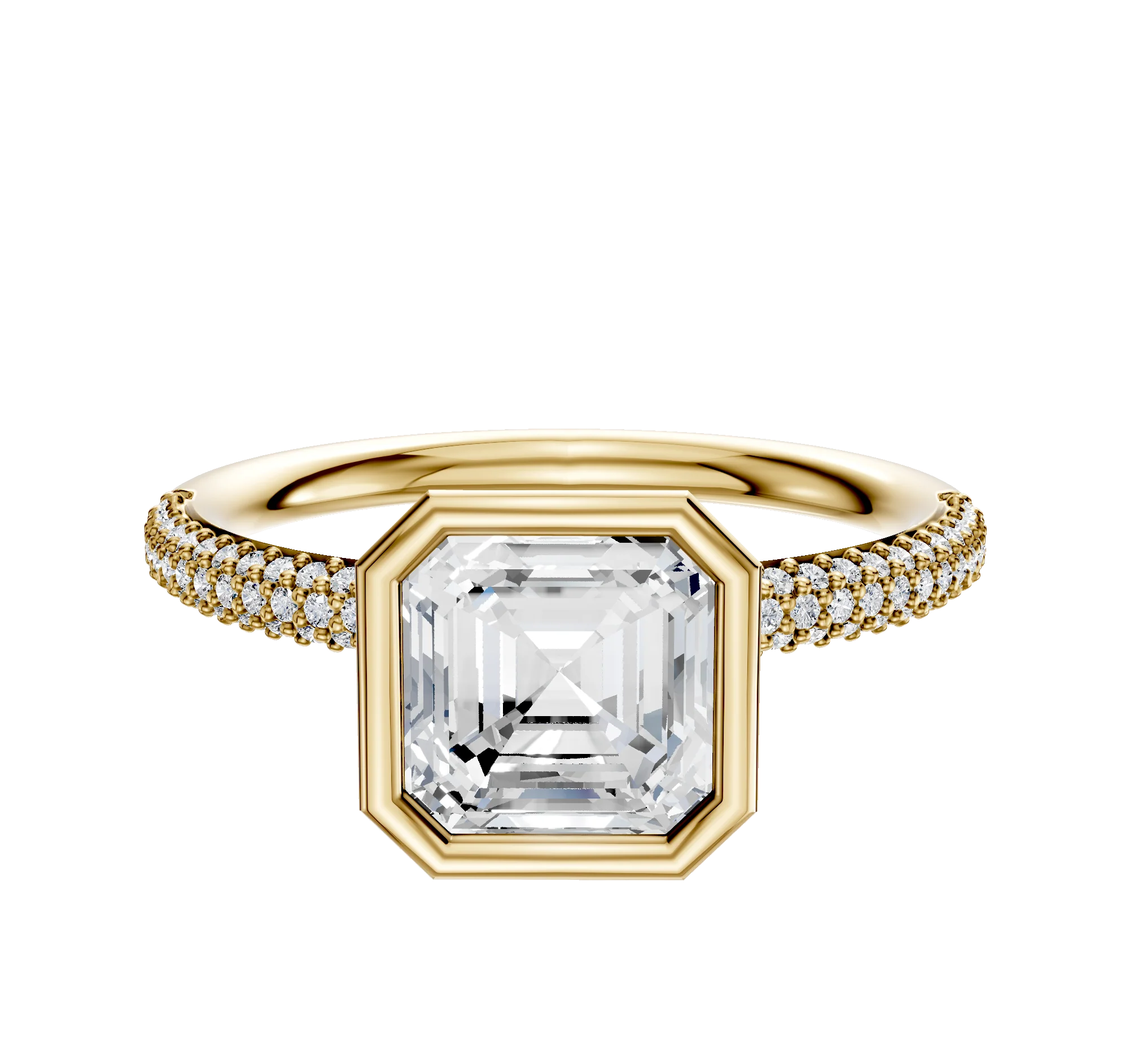 18K Yellow Gold Bezel Full Bezel North/South Classic Dome 3-Row-Pave 2.0mm Engagement Ring