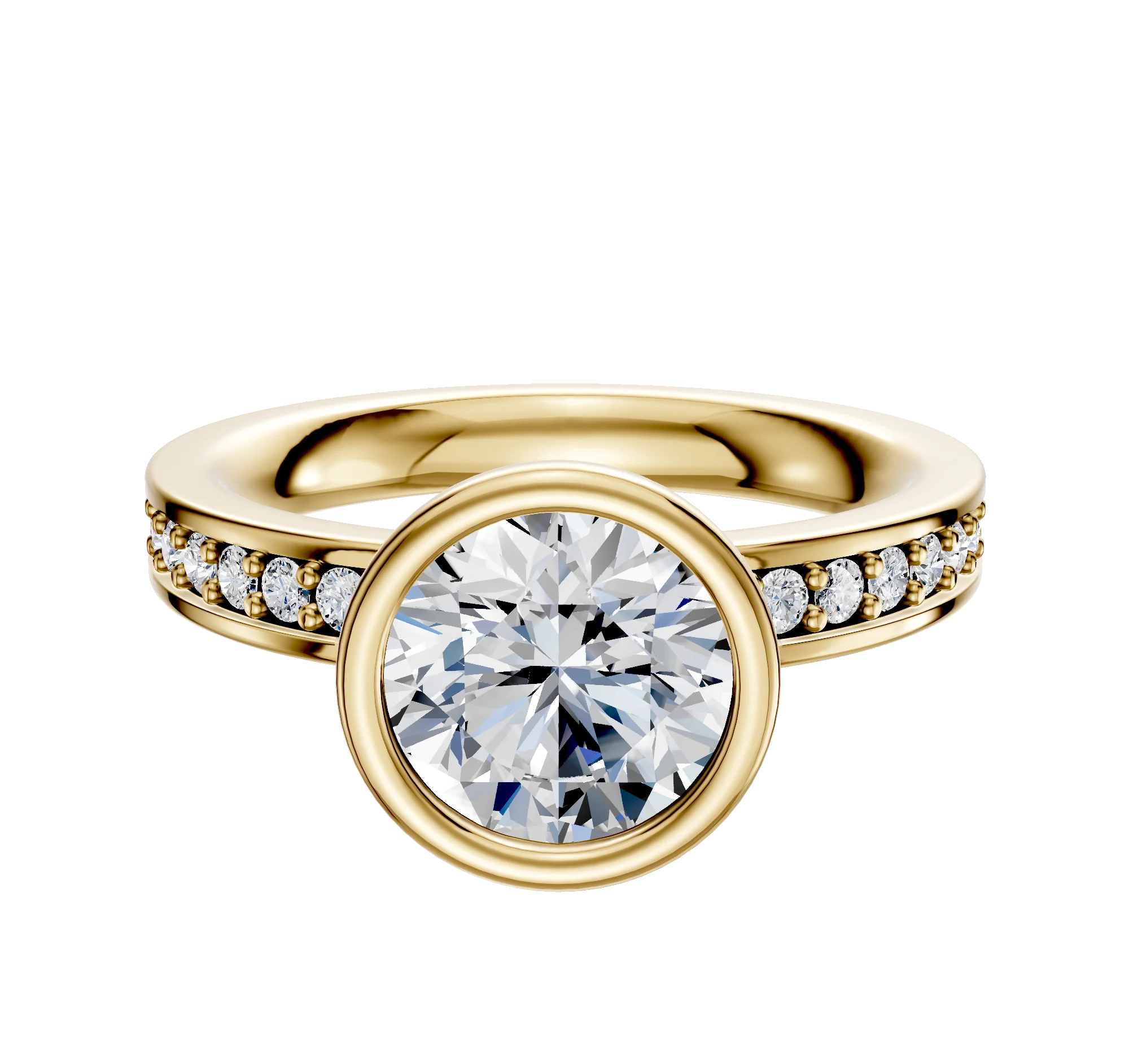 18K Yellow Gold Bezel Full Bezel North/South Classic Flat 1-Row-Pave 2.5mm Engagement Ring