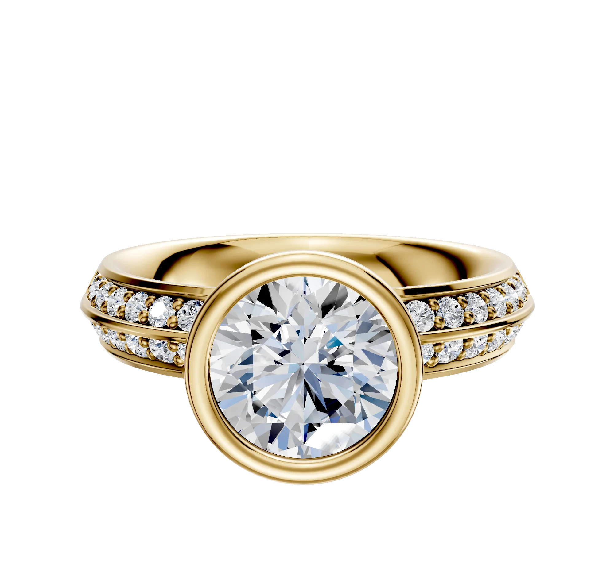 18K Yellow Gold Bezel Full Bezel North/South Classic Knife Edge 1-Row-Pave 2.5mm Engagement Ring