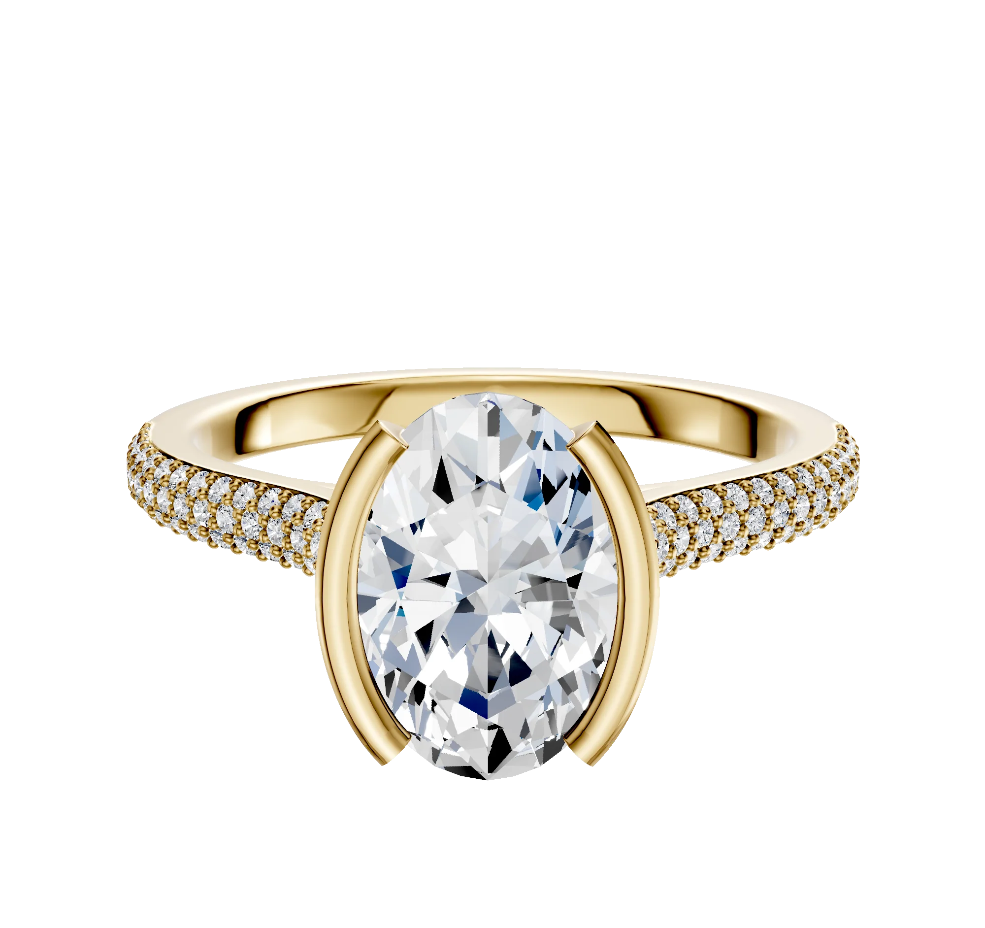 18K Yellow Gold Bezel Half Bezel North/South Cathedral Dome 3-Row-Pave 2.0mm Engagement Ring