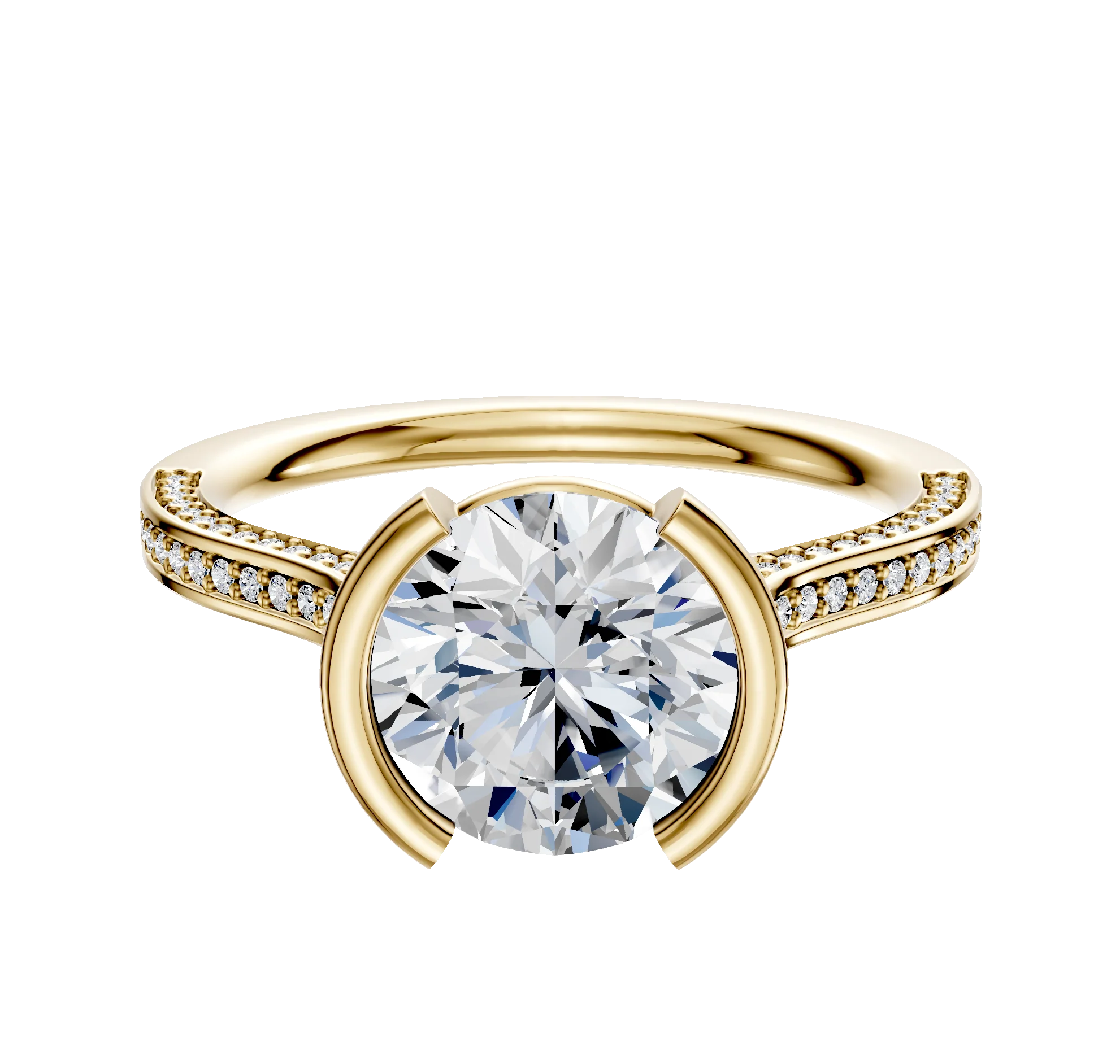 18K Yellow Gold Bezel Half Bezel North/South Cathedral Flat 3-Row-Pave 2.0mm Engagement Ring