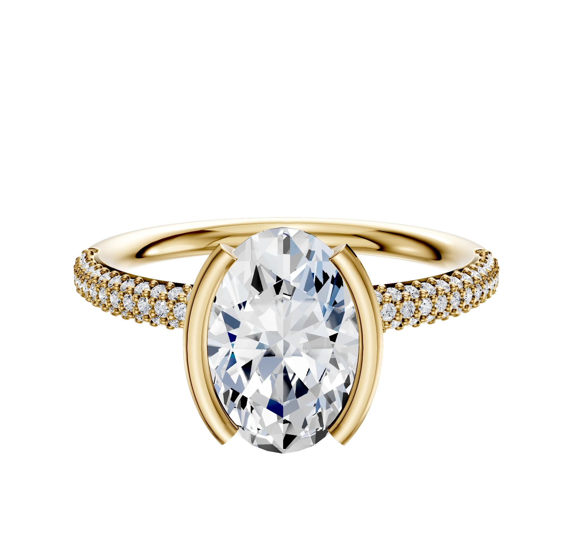 18K Yellow Gold Bezel Half Bezel North/South Classic Dome 3-Row-Pave 2.0mm Engagement Ring