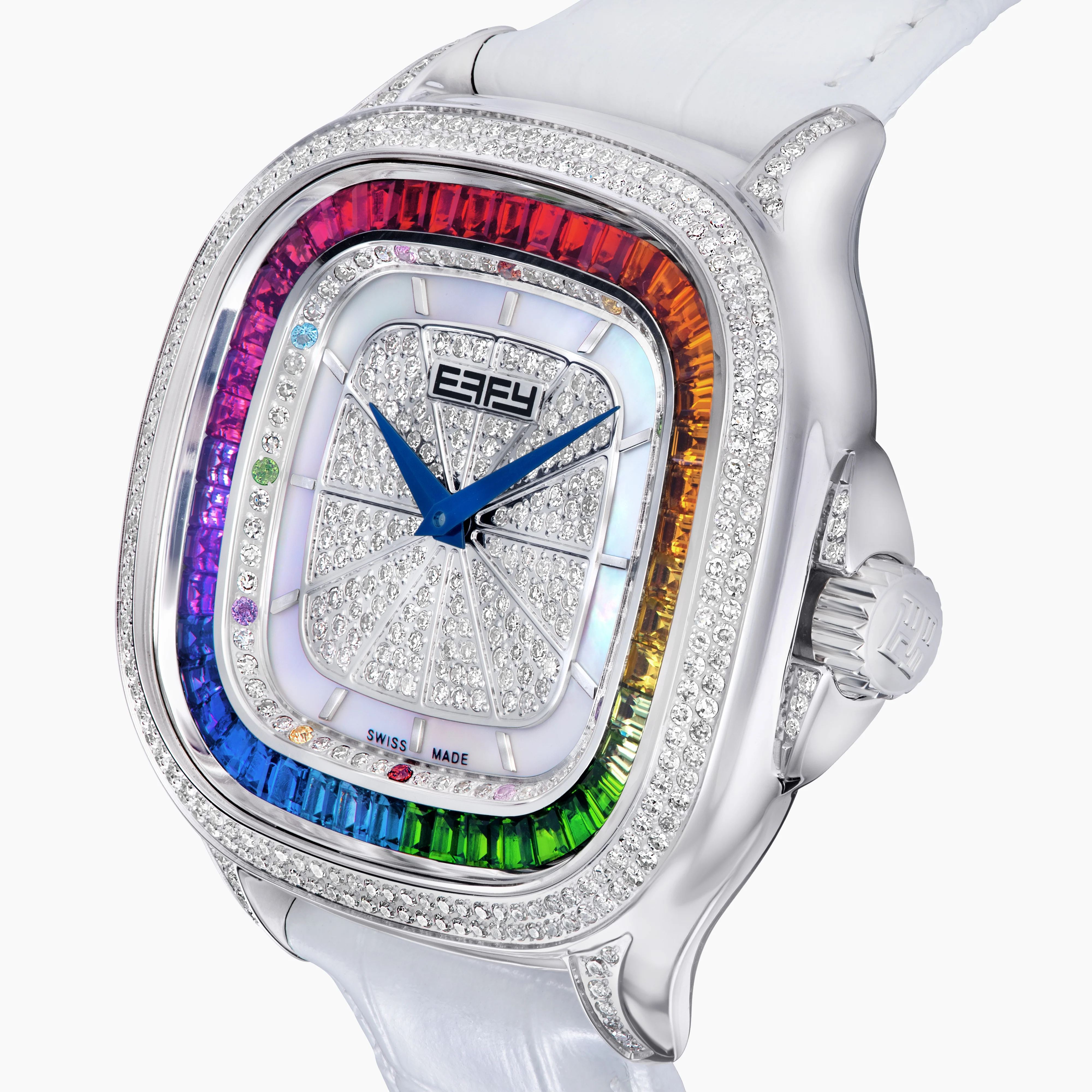 39MM Swiss Made Stainless Steel Watch with Diamonds and Rainbow Sapphires - Image 3
