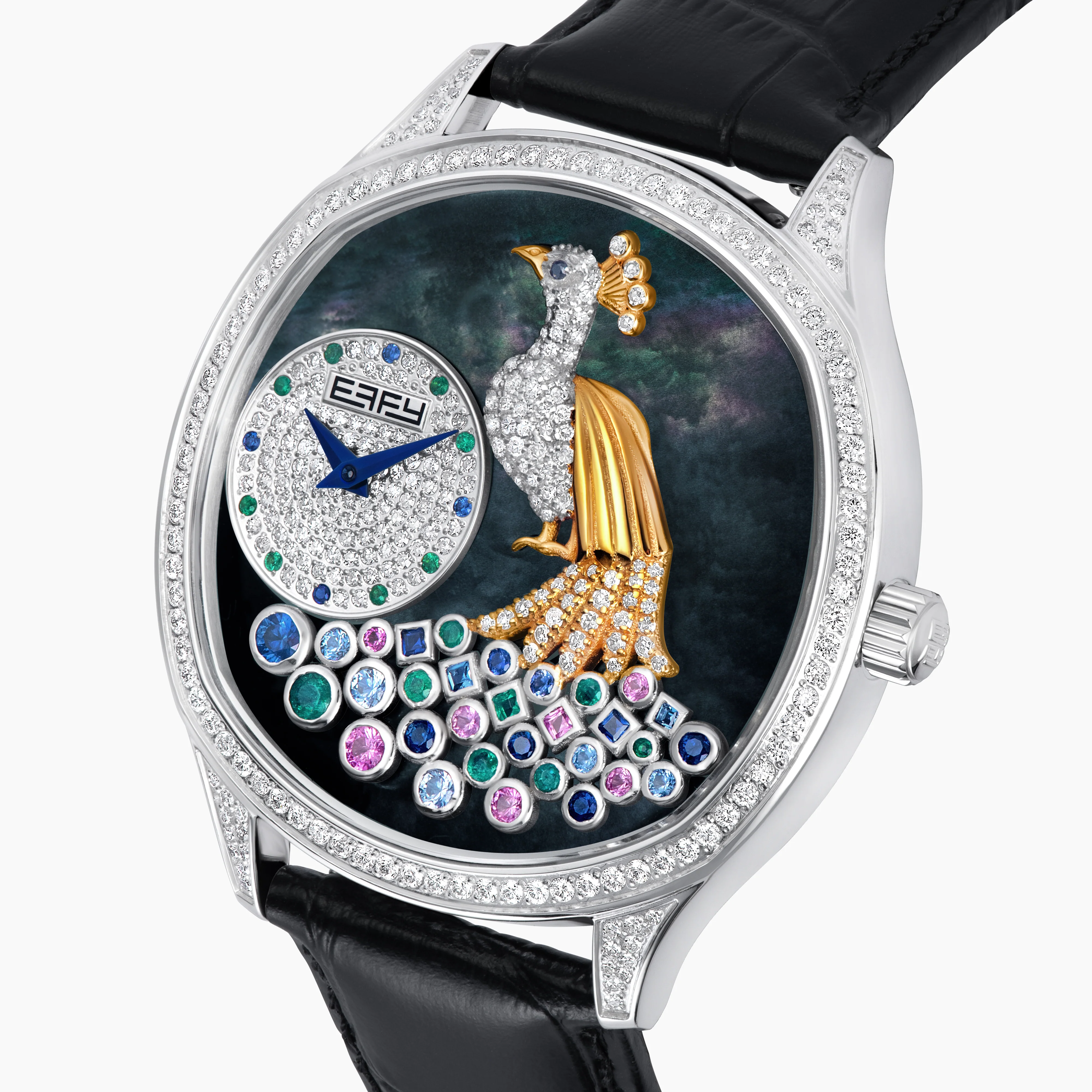 41MM Swiss Made Stainless Steel Peacock Watch with Diamonds and Sapphires - Image 3