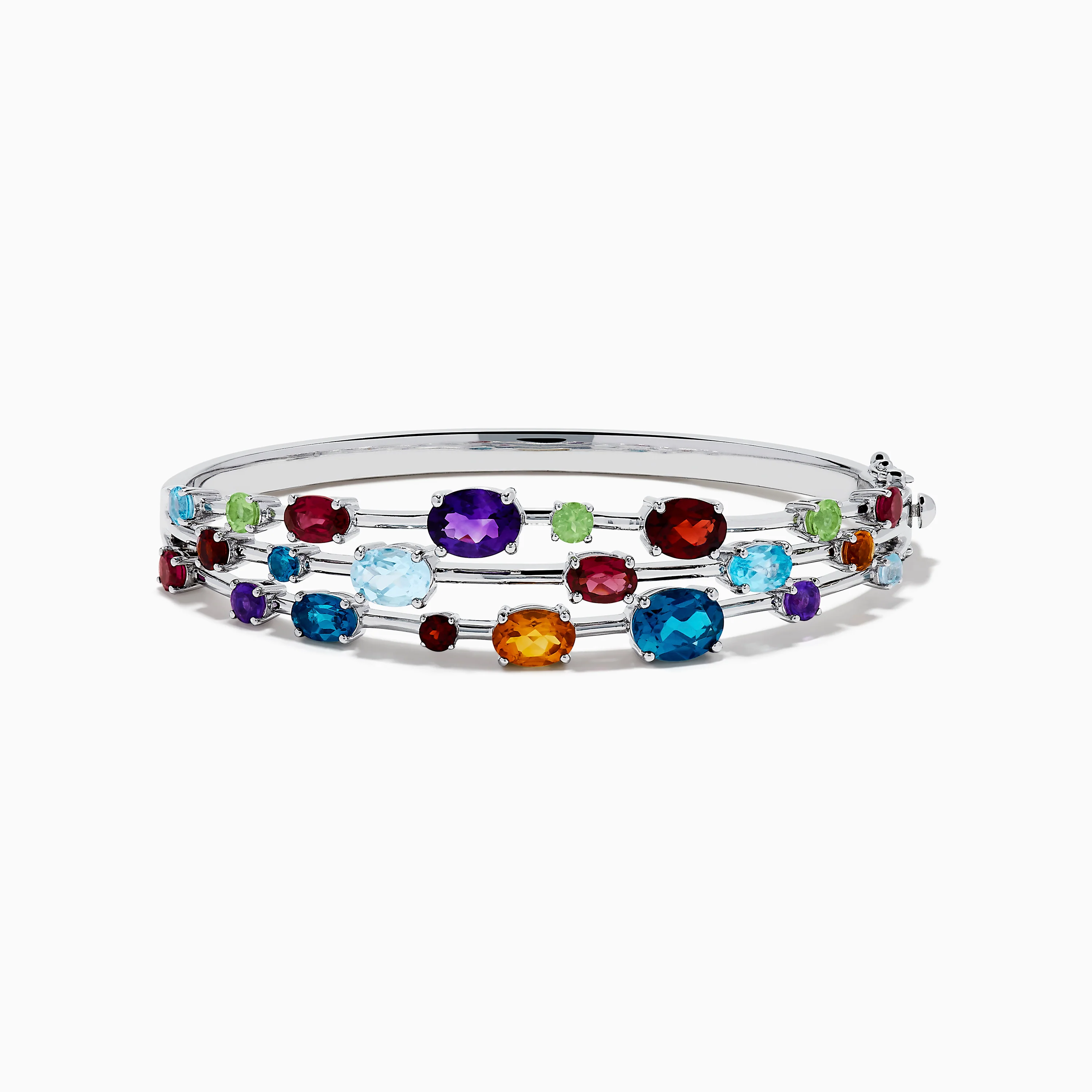 925 Sterling Silver Multi Color Gemstone 3 Row Statement Bangle