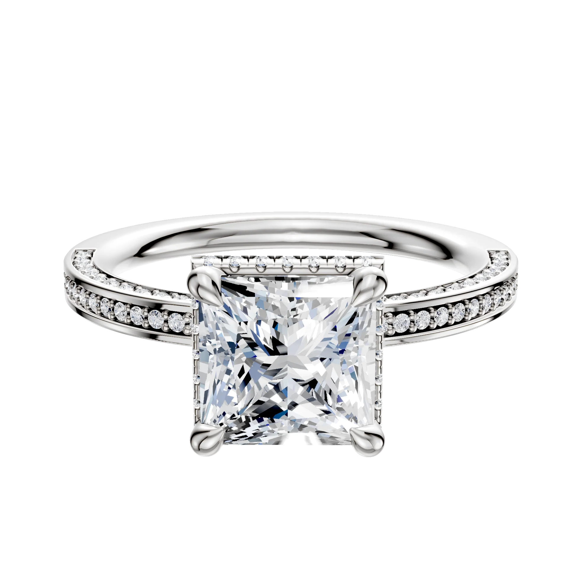 Platinum 4 Prong Collar Classic Flat 3-Row-Pave 2.0mm Engagement Ring