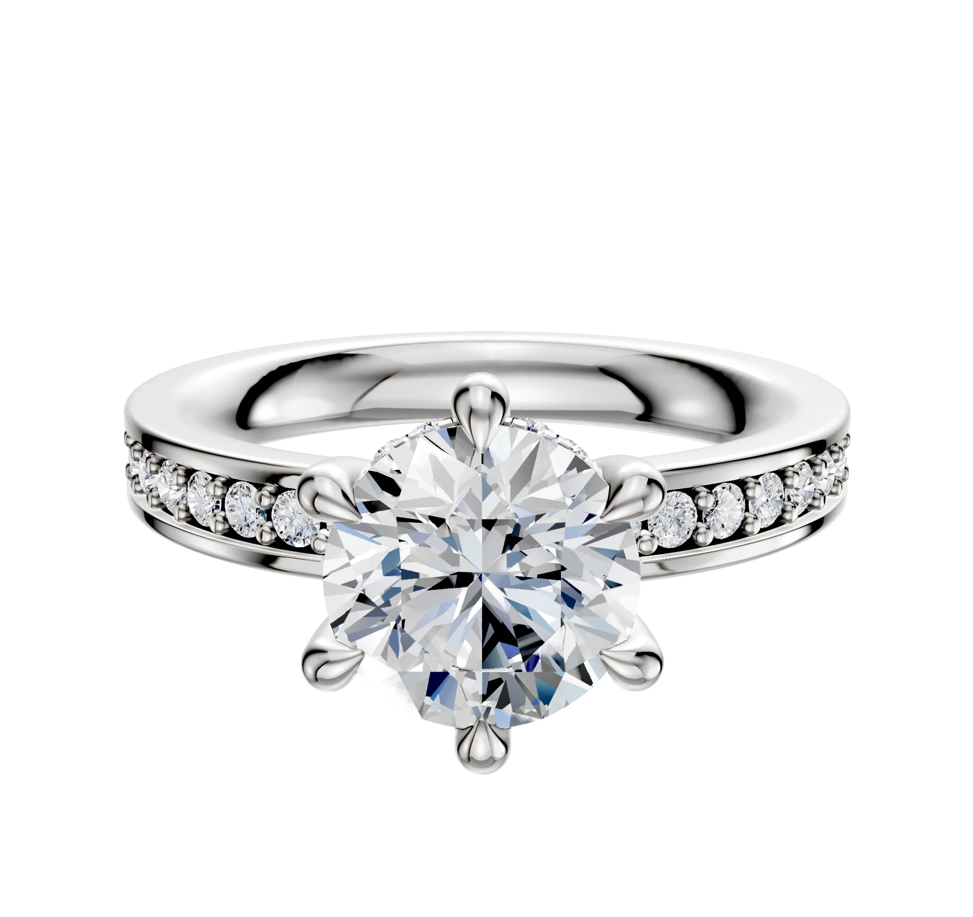 Platinum 6 Prong Hidden Halo Classic Flat 1-Row-Pave 2.5mm Engagement Ring