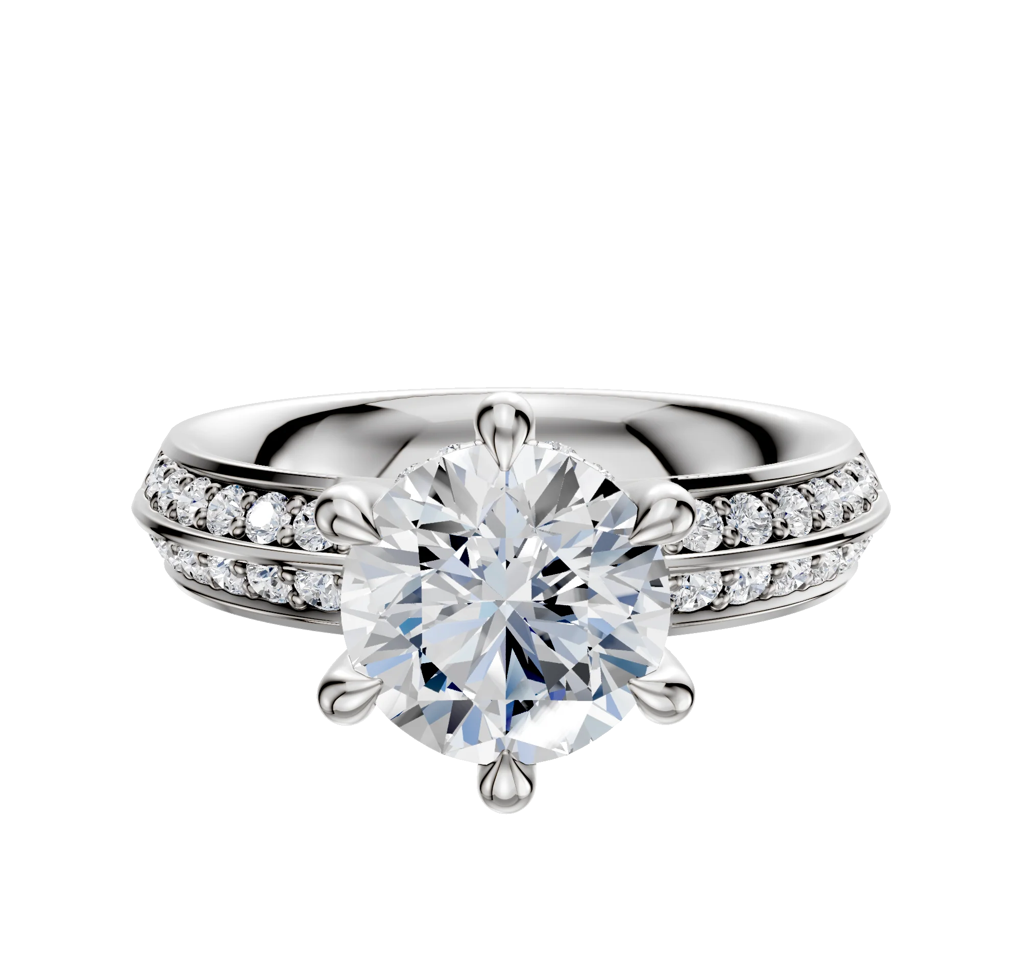 Platinum 6 Prong Hidden Halo Classic Knife Edge 1-Row-Pave 2.5mm Engagement Ring