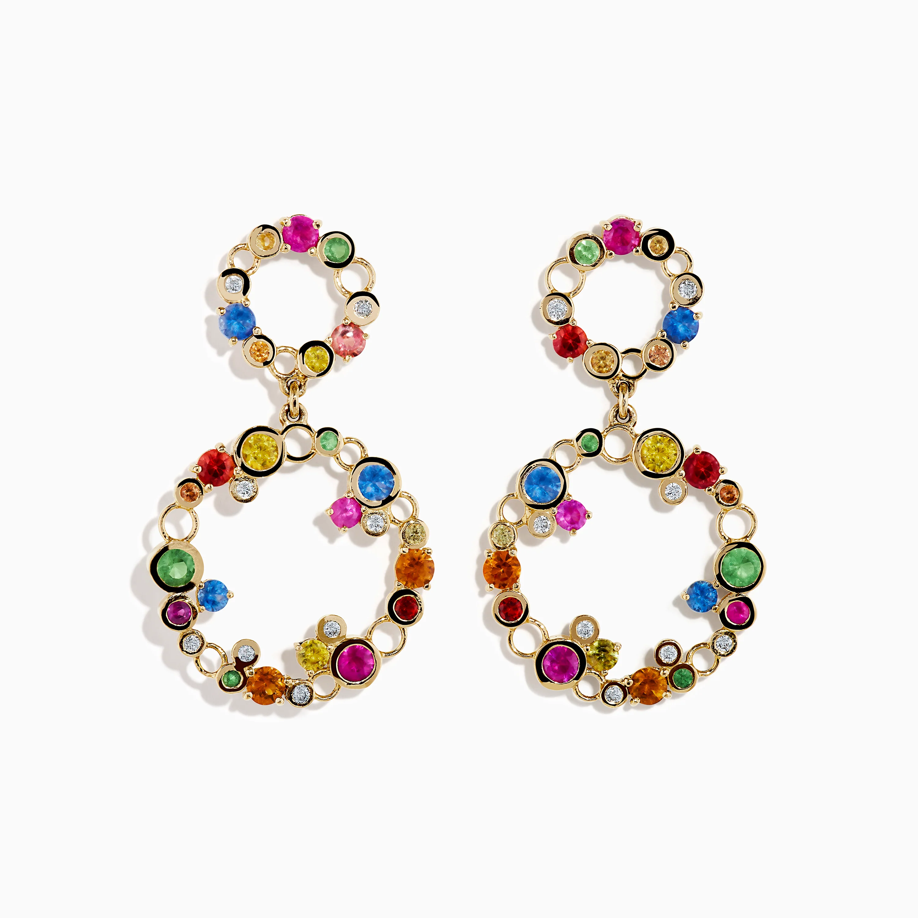 Watercolors 14K Gold Multi Sapphire and Diamond Dangle Bubble Earrings
