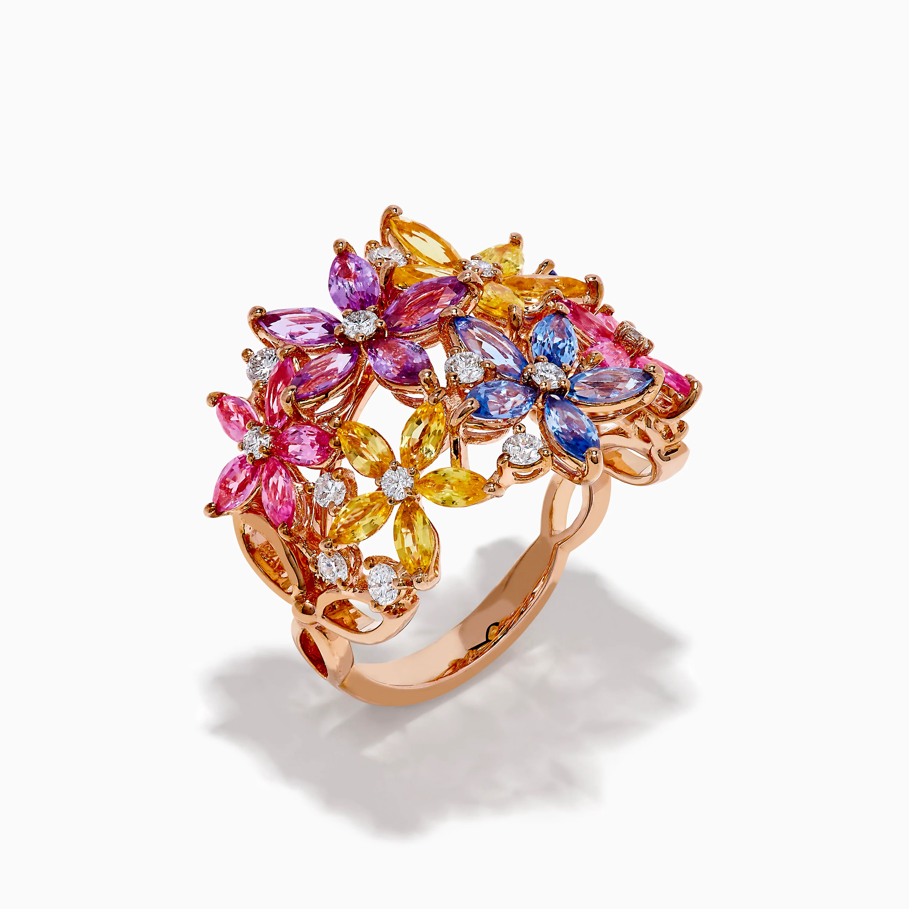 Watercolors 14K Rose Gold Multi Sapphire and Diamond Flowers Ring - Image 4